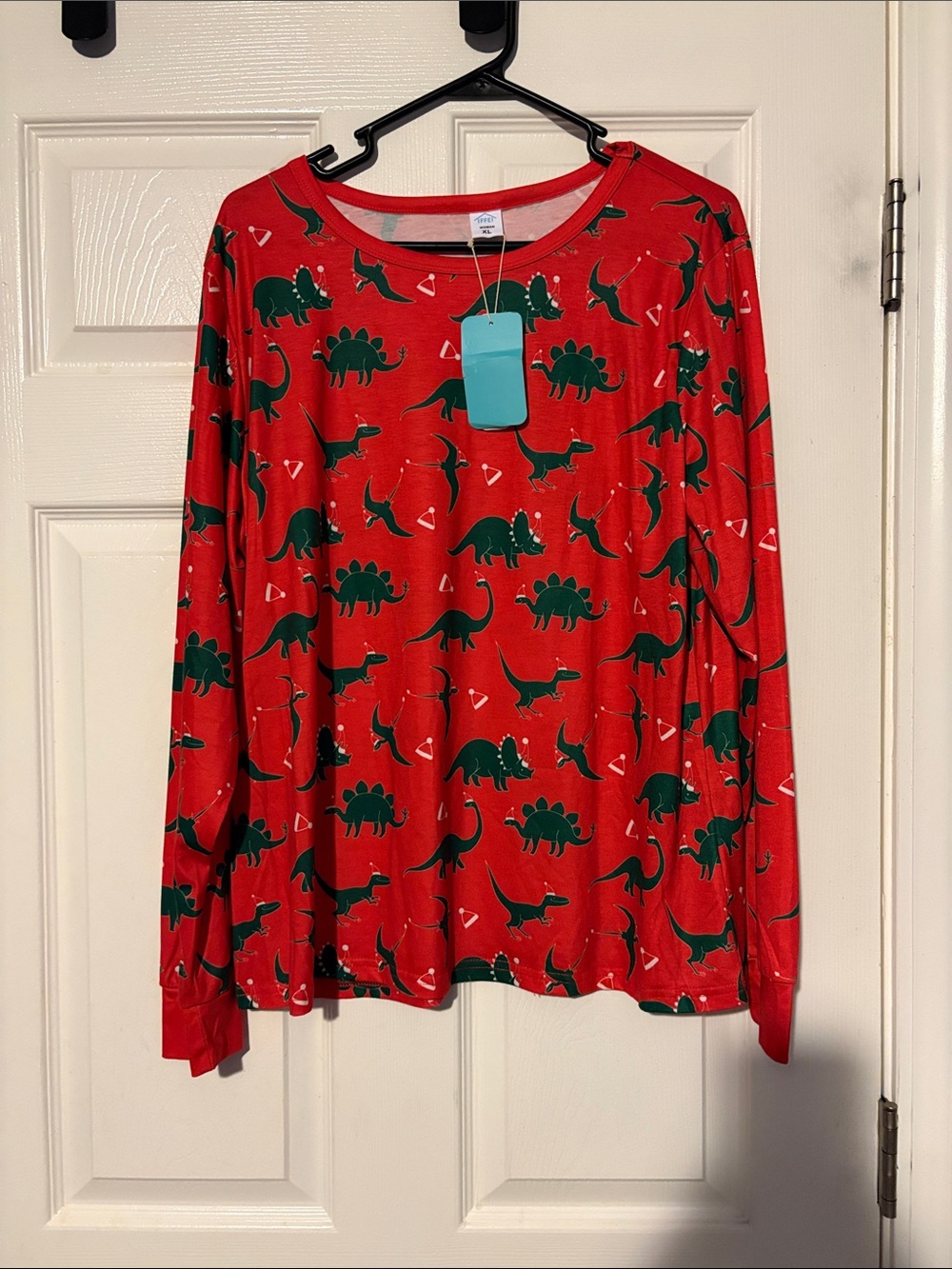 Women’s Red Long Sleeve Tee with Green Dino Print - Casual Crewneck